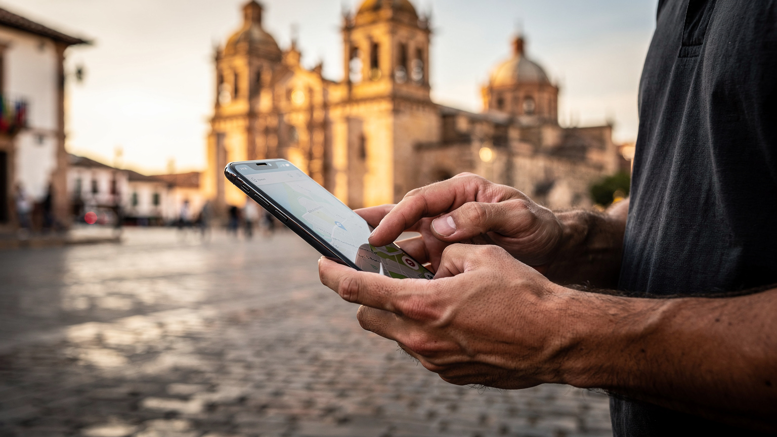 Primo piano sulle mani di un uomo che tiene uno smartphone mentre scorre una mappa digitale, con sullo sfondo sfocato la facciata illuminata di una chiesa coloniale a Cuenca, Ecuador.