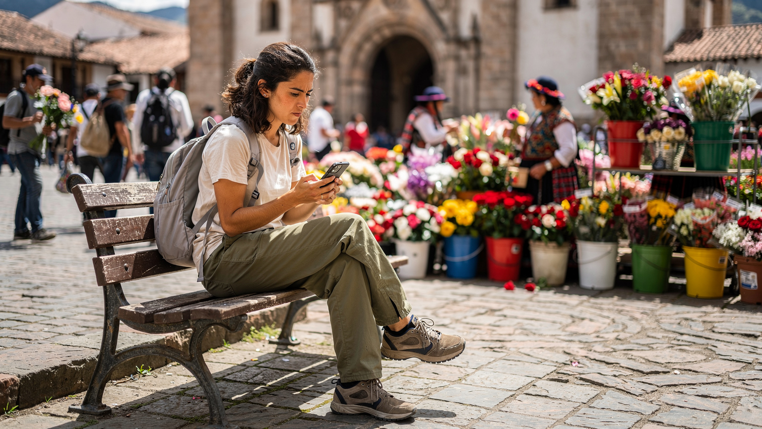 Un traveler solitario è seduto su una panchina in Plaza de las Flores a Cuenca, Ecuador, con un'espressione di frustrazione mentre guarda il suo smartphone con un segnale di rete debole, suggerendo problemi di connettività.