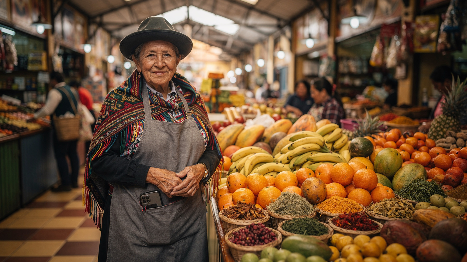 Una donna anziana ecuadoriana che vende frutta fresca colorata e spezie in un affollato mercato di Cuenca, con uno smartphone che spunta dalla sua tasca del grembiule.