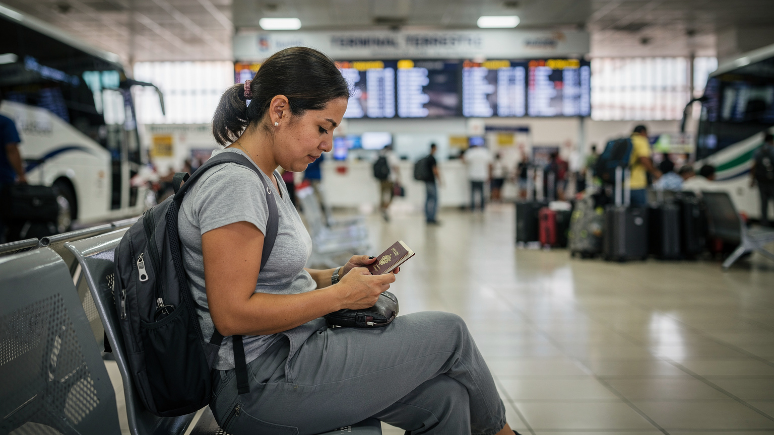 Una donna con uno zaino sta seduta su una panchina nella stazione degli autobus di Cuenca, Ecuador, con il suo passaporto e il telefono sul grembo, pianificando il suo prossimo itinerario mentre controlla la connessione.