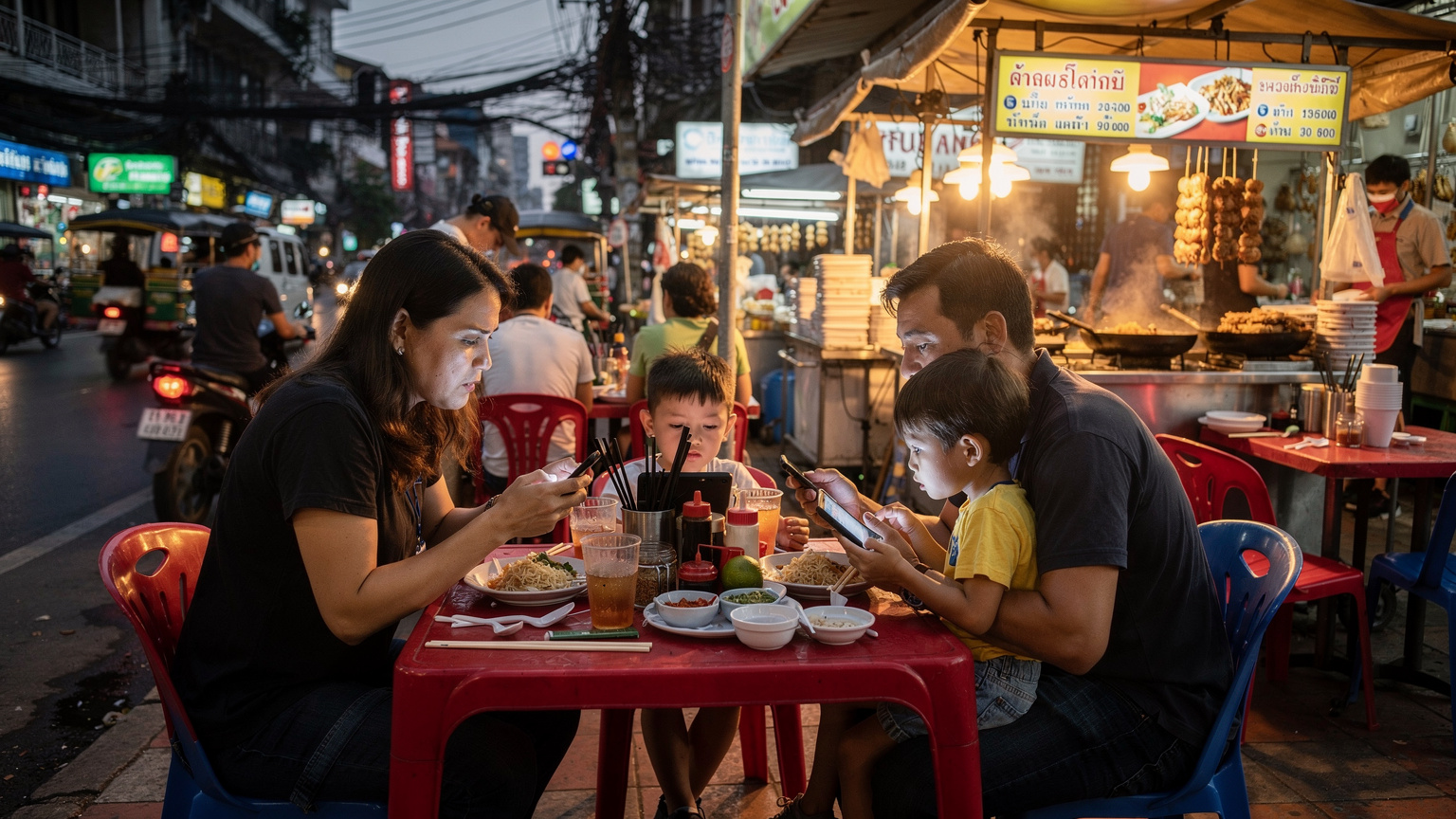Une famille (deux adultes, deux enfants) assise à une table d'un restaurant de rue animé à Bangkok. Les parents regardent leurs téléphones avec une expression de légère frustration, tandis que les enfants sont absorbés par leurs tablettes, le tout sous des guirlandes lumineuses colorées. L'ambiance est chaude et humide.