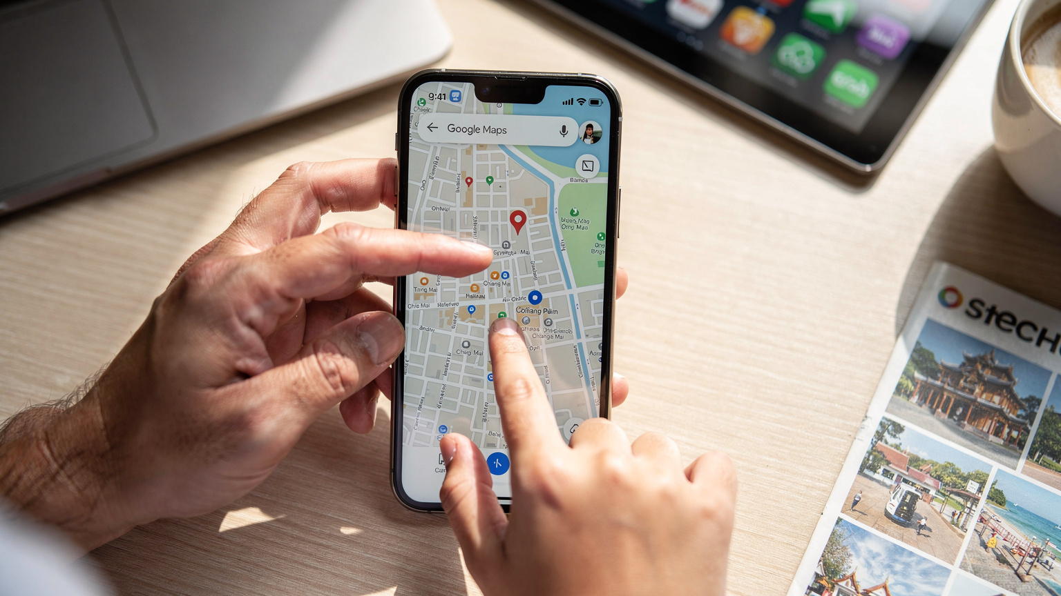 Une main d'adulte montre à une main d'enfant sur un smartphone comment activer le mode hors ligne de Google Maps, avec l'application ouverte affichant une carte de Chiang Mai. D'autres icônes d'applications de voyage (Klook, Grab) sont visiblement floues en arrière-plan.