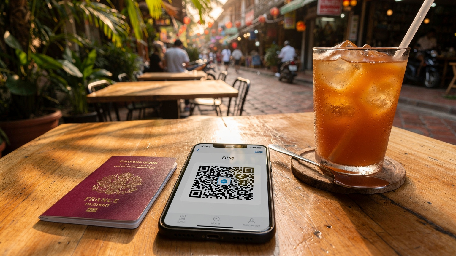 Un smartphone affichant un écran de configuration d'eSIM avec un QR code est posé sur une table en bois d'un café thaïlandais en plein air, à côté d'une tasse de thé glacé thaïlandais traditionnel et d'un passeport français. L'arrière-plan montre la verdure tropicale et une ruelle animée de Chiang Mai.