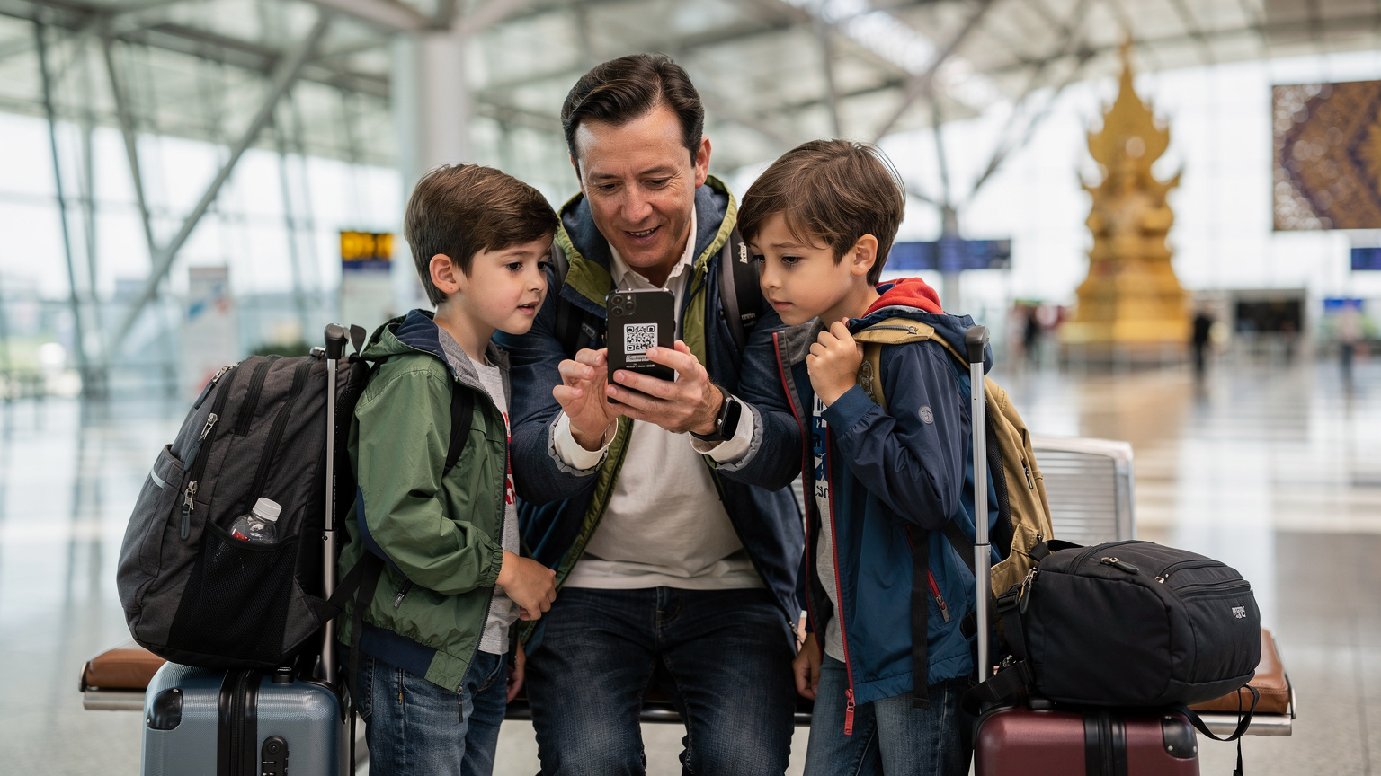 Une famille avec deux enfants, âgés de 8 et 10 ans, est à l'aéroport international de Suvarnabhumi à Bangkok. Le parent scanne un QR code sur son smartphone pour activer une eSIM, tandis que les enfants regardent avec curiosité, entourés de sacs à dos et de valises de voyage.