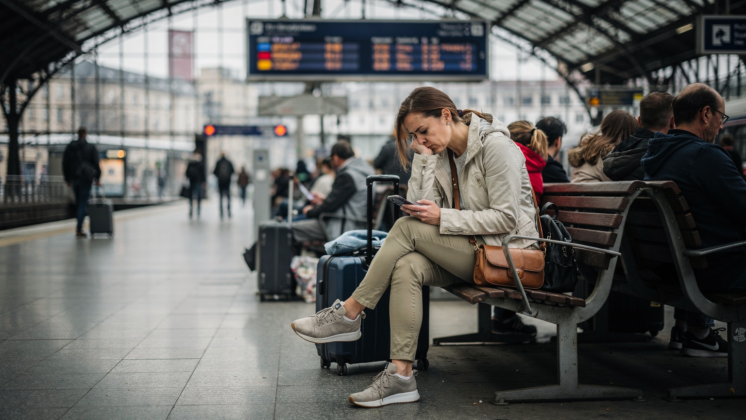 Une femme fronce les sourcils en regardant son téléphone, assise sur un banc de gare bondé à Berlin, avec un écran d'affichage des départs du BVG en arrière-plan, symbolisant des problèmes de connexion ou d'information.