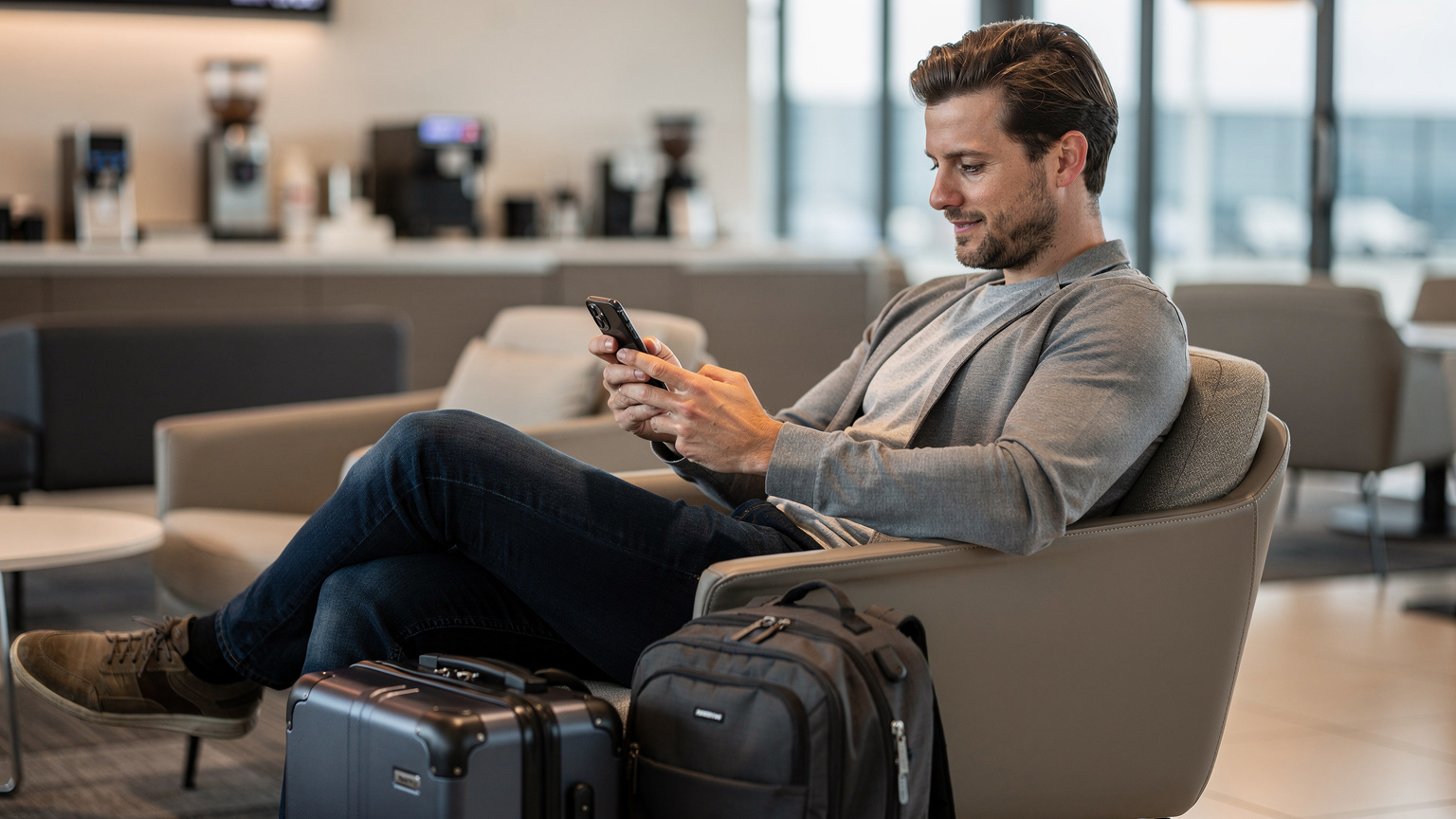 Un homme vérifie les prix d'une eSIM sur son téléphone, assis confortablement dans un salon d'aéroport moderne à l'aéroport Charles de Gaulle, avec des valises à ses pieds.