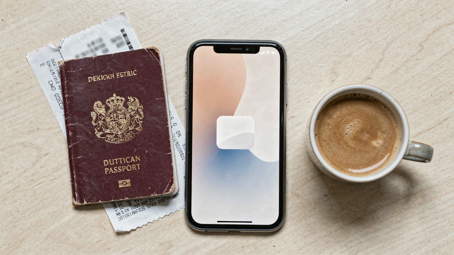 Een overhead shot van een paspoort, smartphone (met een eSIM-activeringsscherm), een vliegticket en een kopje koffie op een luchthaventafel, wat de voorbereiding op reis en connectiviteit symboliseert.