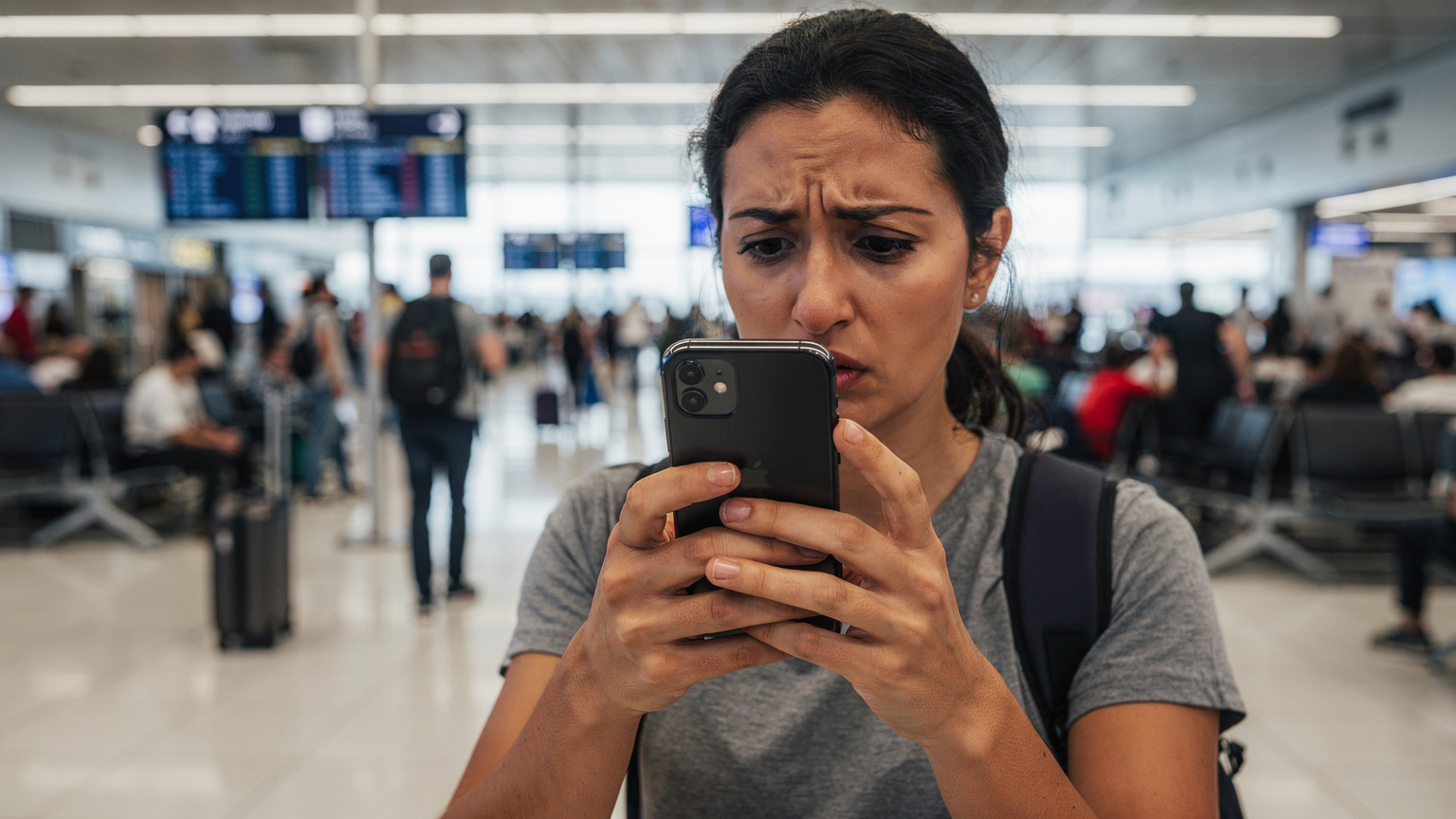Een gefrustreerde reiziger probeert verbinding te krijgen op haar smartphone in een overvolle luchthaventerminal, met de ogen gericht op het scherm en een zucht van ongeduld.