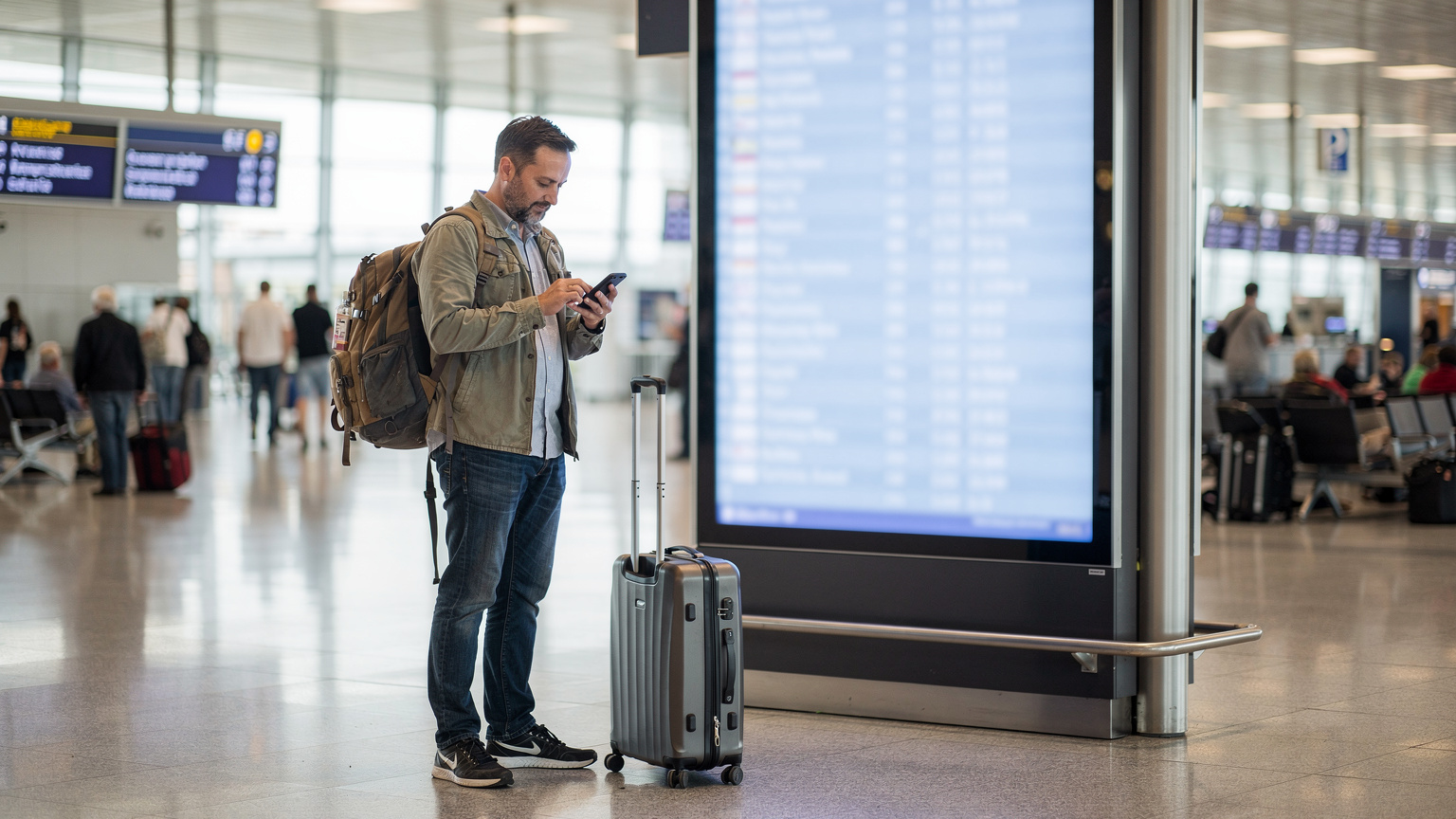 Een reiziger staat bij een informatiebord op een luchthaven, terwijl hij geconcentreerd op zijn telefoon kijkt om een alternatieve route te plannen, met bagage aan zijn voeten.