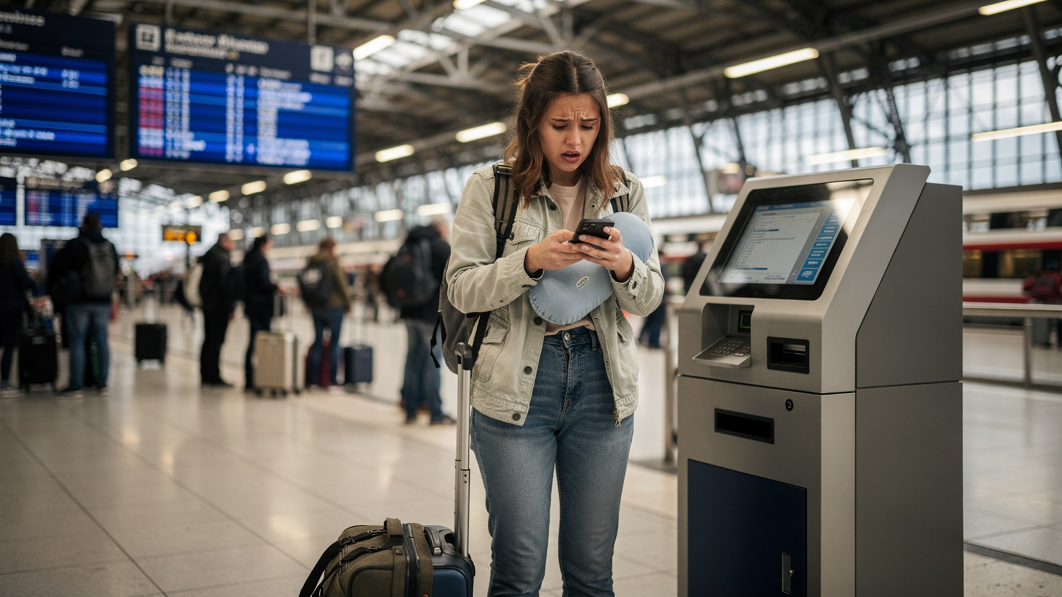 En travel student ser stresset på telefonen sin ved en billettkiosk på en europeisk togstasjon, med bagasje ved føttene og et uttrykk av bekymring over manglende tilkobling.