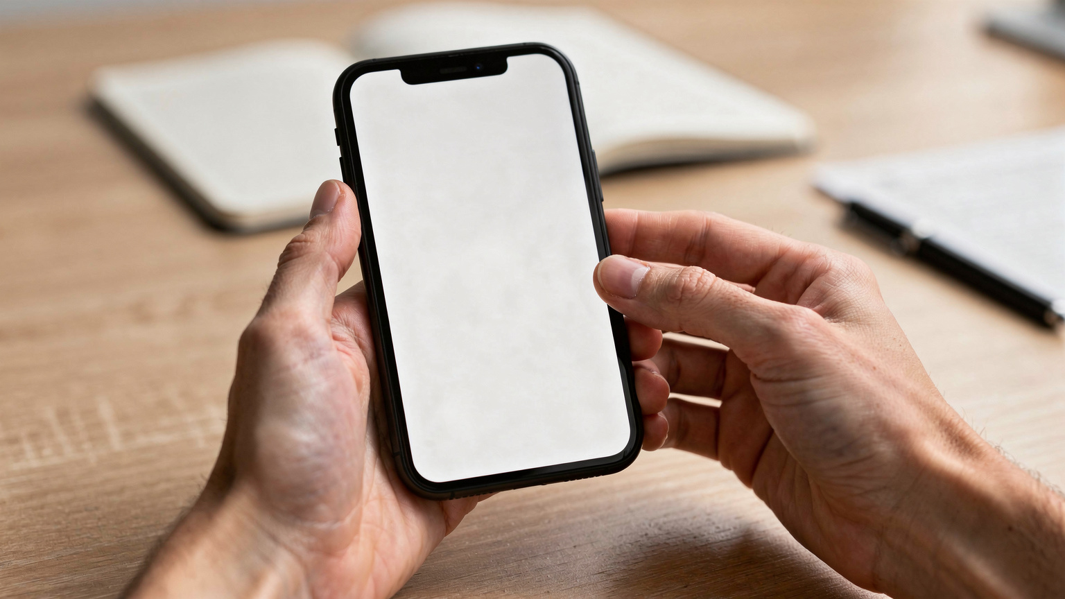 Nærbilde av hender som holder en smarttelefon og skanner en QR-kode for eSIM-aktivering, med en ryddig skrivepult i bakgrunnen.