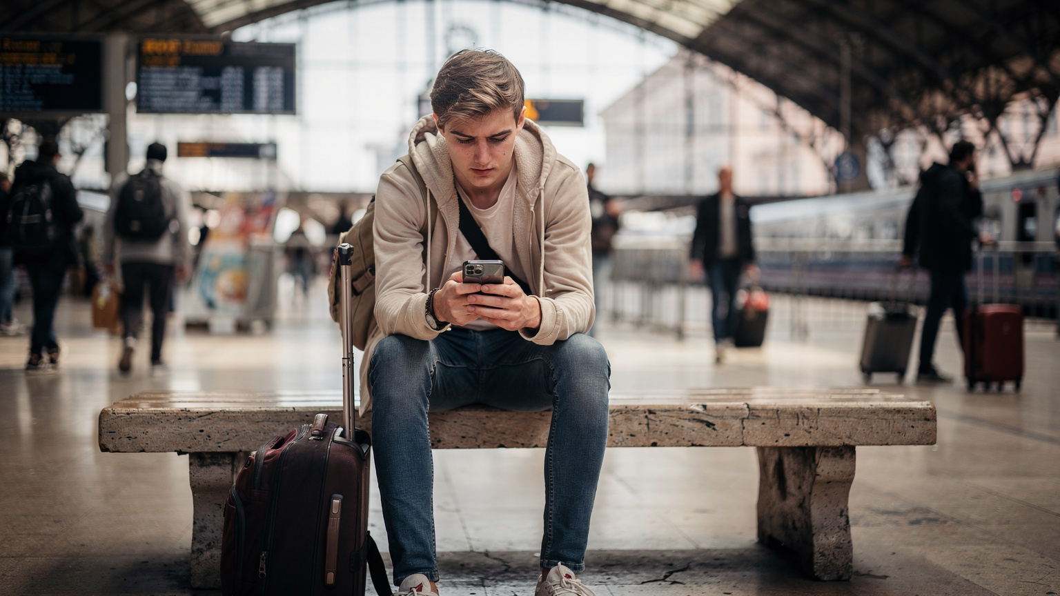 En ung norsk student sitter på en benk på Termini stasjon i Roma, ser på telefonen sin med en ryggsekk ved siden av seg, og sjekker eSIM-alternativer for europeiske reiser.