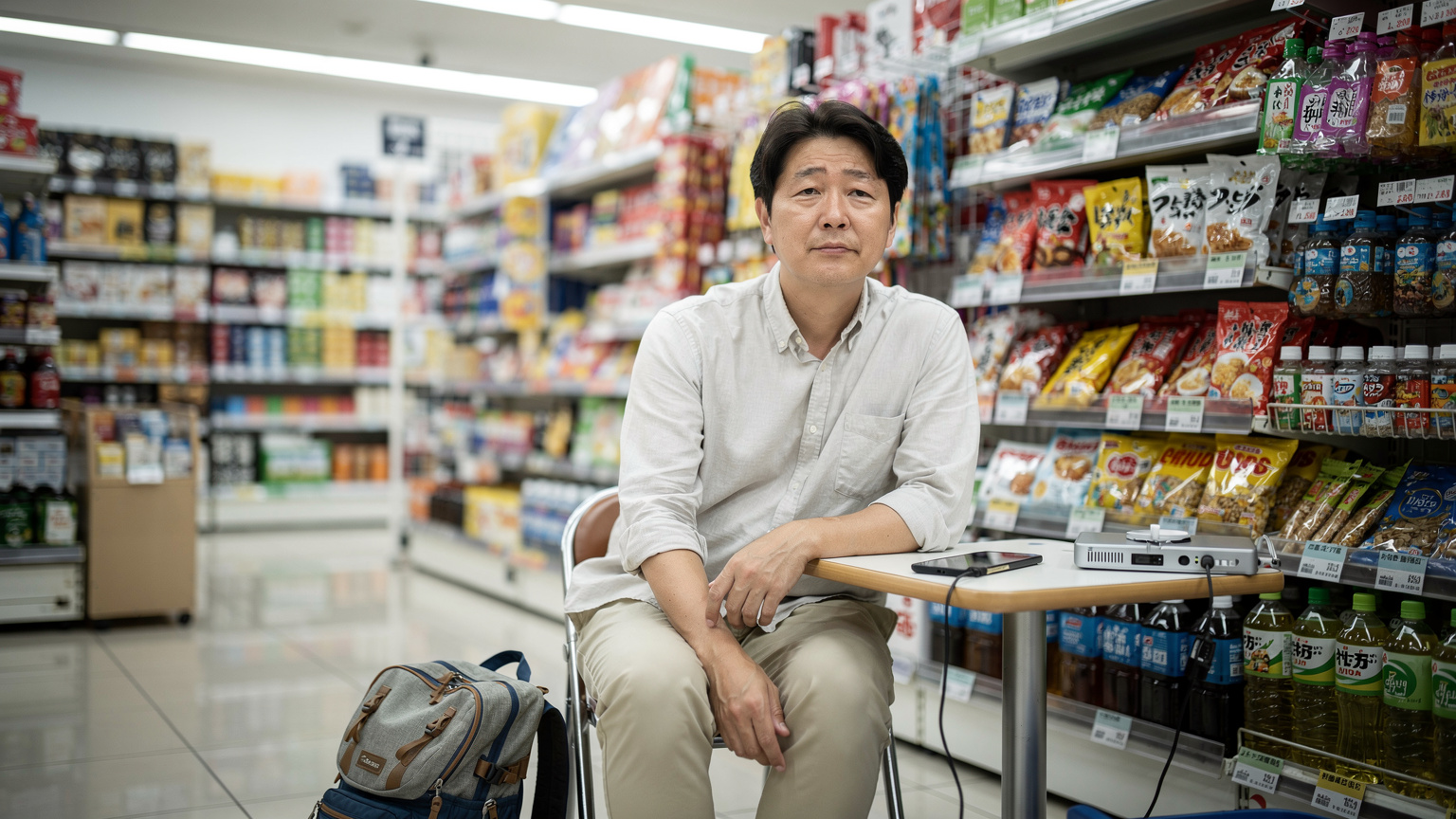 후쿠오카의 한 편의점에서 여행자가 스마트폰을 충전하며 잠시 휴식을 취하고 있다.