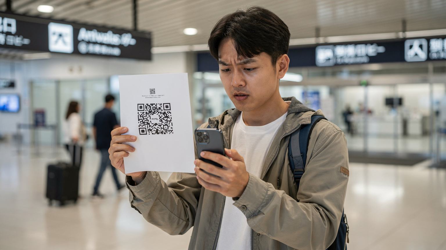 한 여행자가 후쿠오카 공항 입국장에서 스마트폰으로 eSIM QR 코드를 스캔하고 있다.