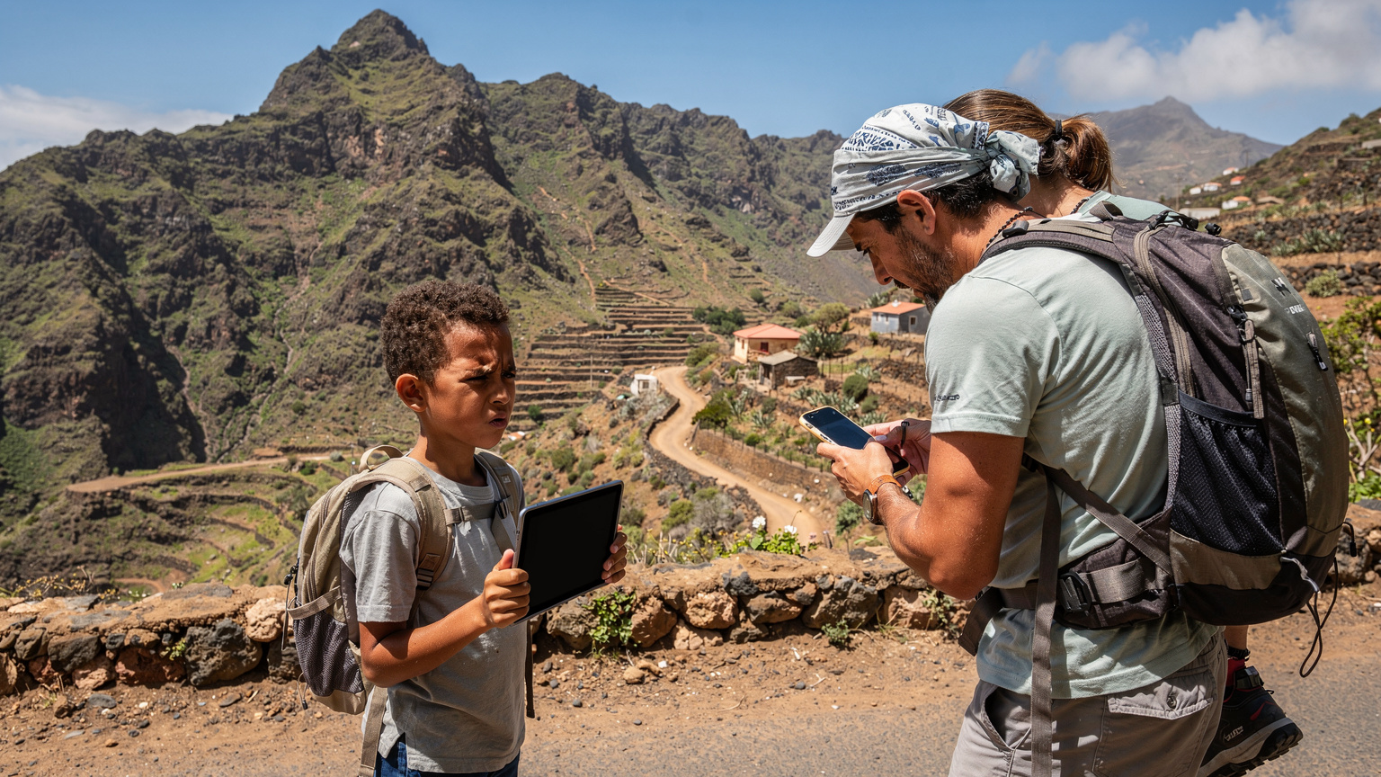Uma criança frustrada com o tablet na mão, olhando para os pais em uma área com pouca cobertura de rede em uma paisagem montanhosa de Santo Antão, Cabo Verde, enquanto os pais tentam resolver um problema de conectividade no iPhone 17.