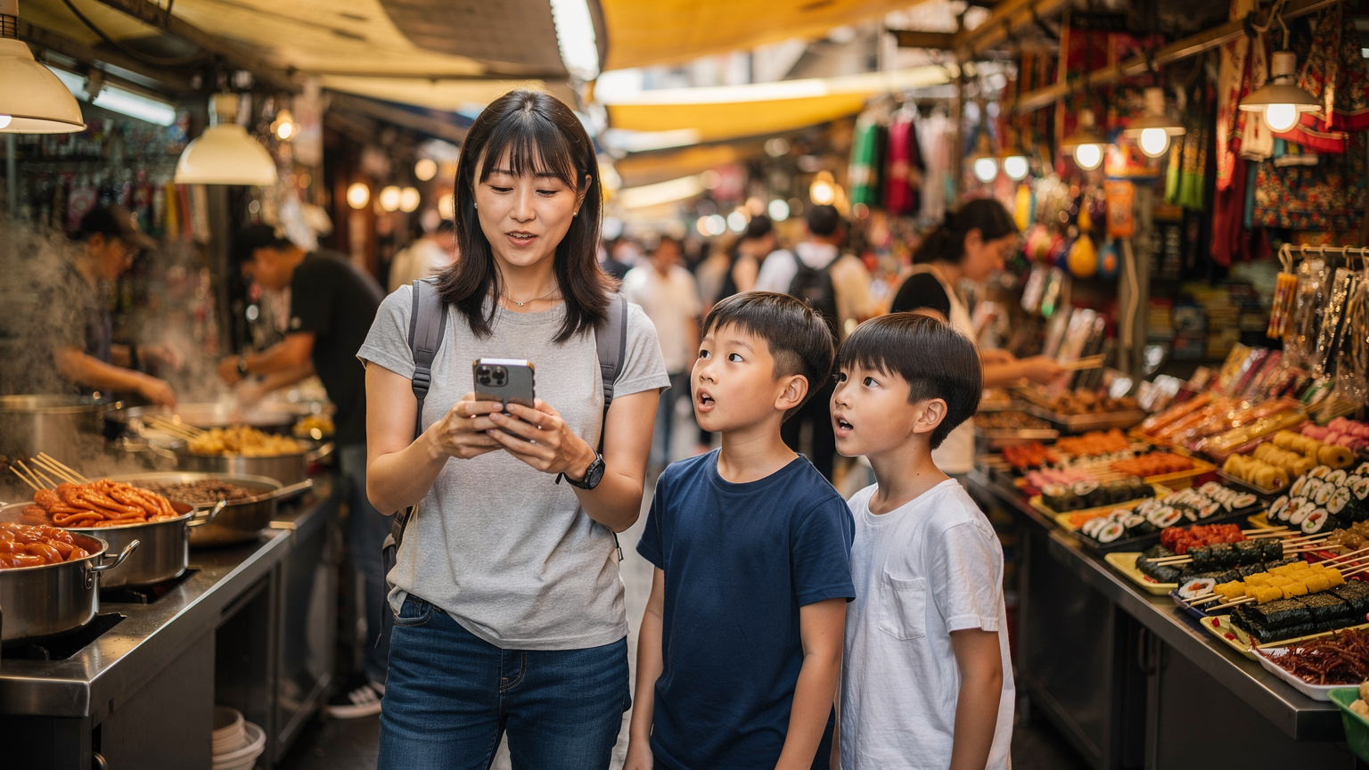 ソウルの伝統的な市場で、母親が屋台の食べ物をスマホで検索し、子どもたちが好奇心旺盛に周囲の活気を見ている様子。