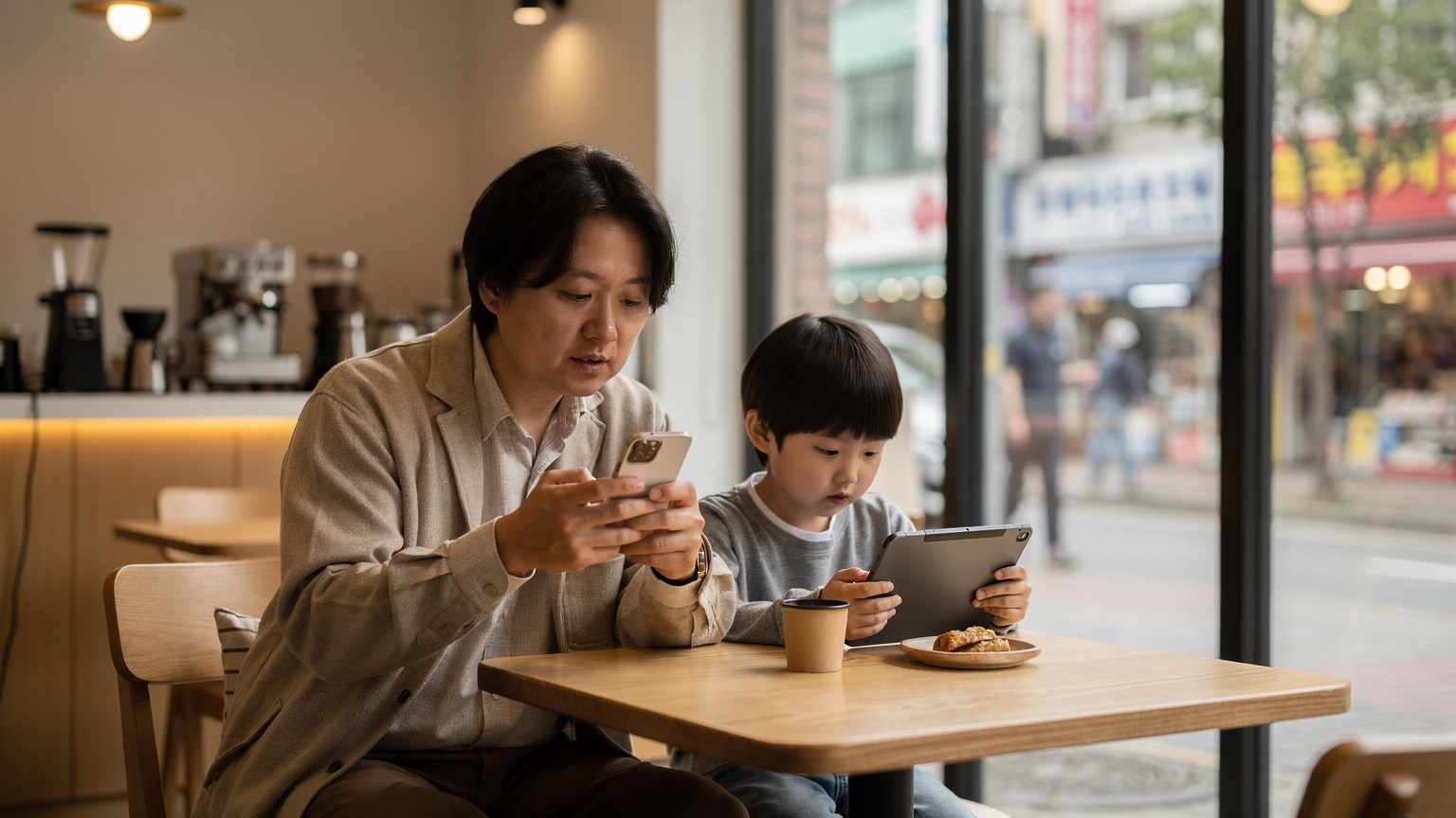ソウルの賑やかなカフェで、親がスマートフォンを操作し、子どもがタブレットでオフラインゲームを楽しんでいる様子。