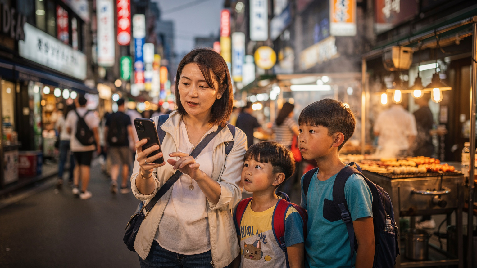 ソウルの明洞通りで、母親が子供と一緒にスマートフォンで地図を確認しながら賑やかな通りを歩いている様子。