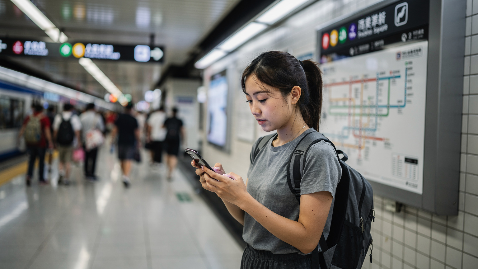 一位旅行者在上海地鐵站內，低頭查看手機上的 eSIM 設定，背景是繁忙的乘客和地鐵線路圖。