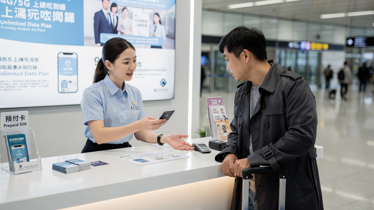 타이베이 타오위안 국제공항 도착 홀에 위치한 통신사 부스에서 직원이 여행객의 여권을 확인하며 유심 개통 절차를 진행하고 있다.