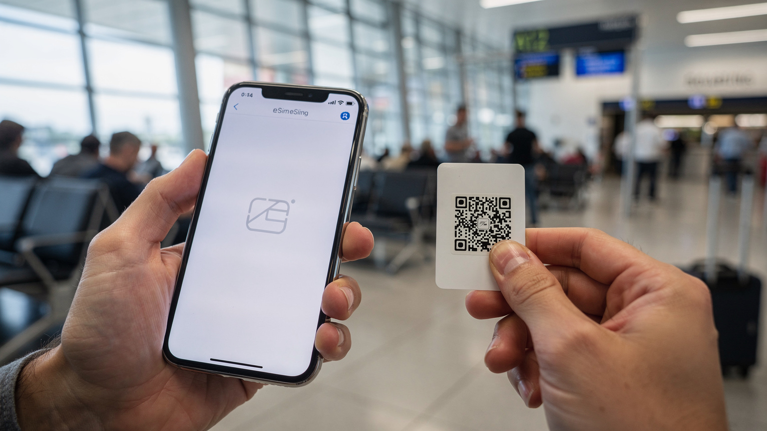 Nahaufnahme von Händen, die ein Smartphone halten und über die Einstellungen navigieren, um eine neue eSIM über einen QR-Code zu aktivieren, mit einer leicht unscharfen Hintergrunddarstellung eines Flughafen-Gate-Bereichs.