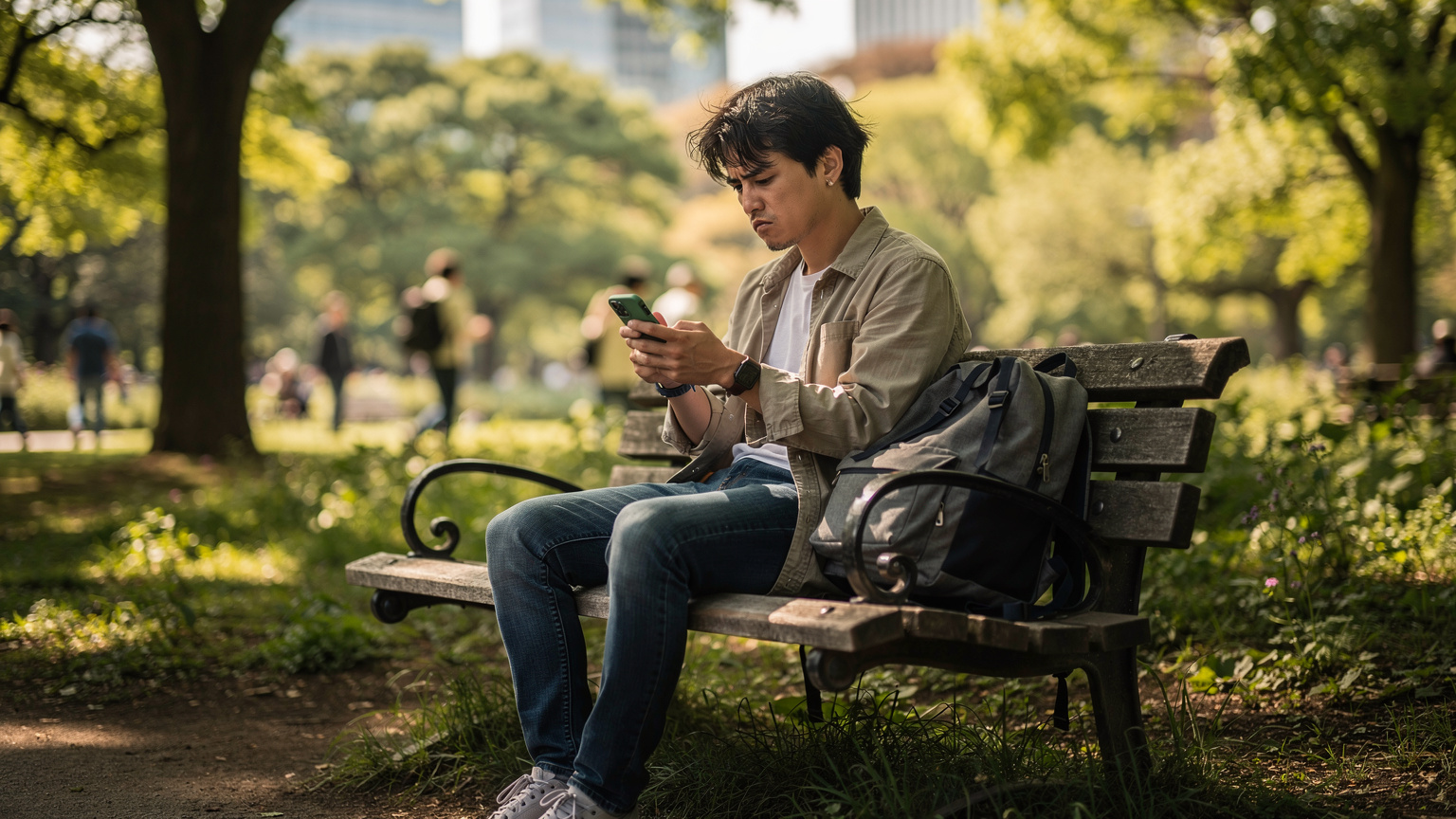 Ein Reisender sitzt auf einer Parkbank in einem belebten Stadtpark in Tokio, betrachtet sein Smartphone mit leicht besorgter Miene, vielleicht wegen einer schlechten Verbindung oder einer App, die nicht funktioniert.