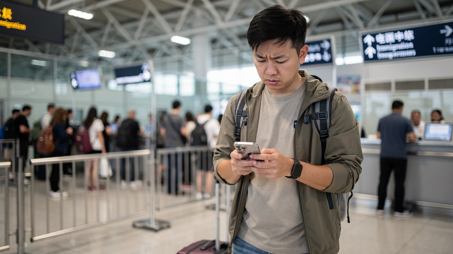 一名大陸遊客在深圳灣口岸，看著自己的大陸版iPhone，臉上略顯困惑，身後是人潮湧動的過關通道，暗示著網絡連接的挑戰。