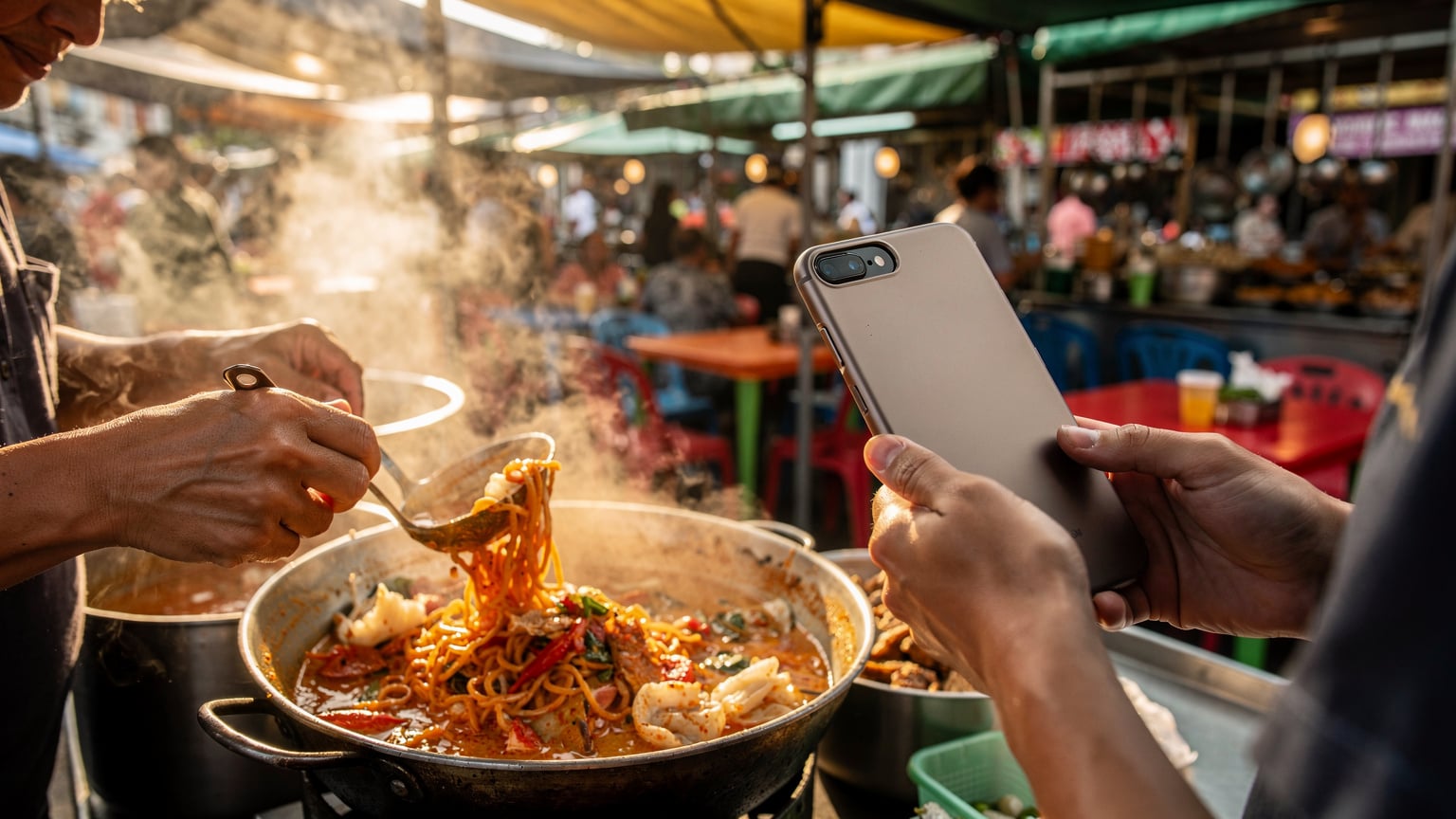 A close-up of a street food vendor in Southeast Asia (specifically a hawker stall in Penang, Malaysia), with a subtle focus on a phone being used for mobile payments or navigation, capturing the vibrant street culture.