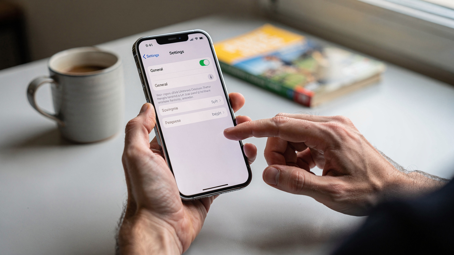 A close-up shot of human hands interacting with an iPhone screen, navigating through the 'Settings' menu to find the eSIM (EID) information.