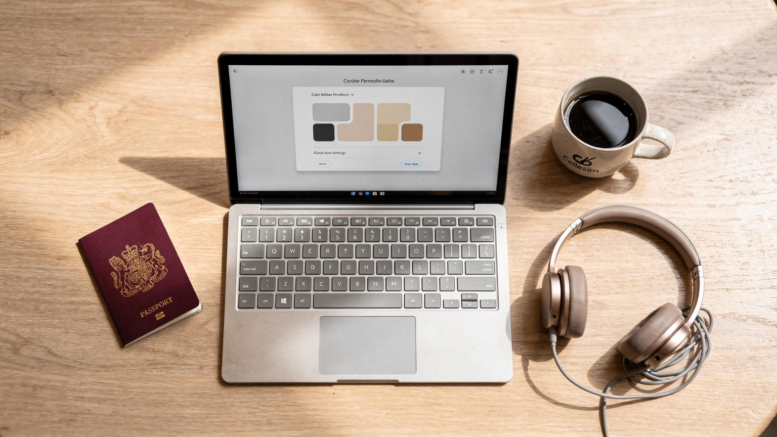 An editorial overhead flat-lay shot on a café table in London, showing a sleek silver laptop displaying Windows settings, a passport, a Cellesim-branded coffee cup, and a pair of minimalist headphones.