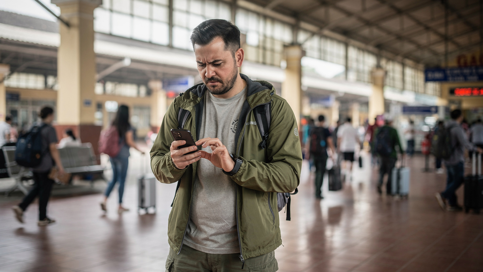 A traveler at a busy train station in Vietnam, looking frustrated while trying to locate eSIM settings on an Android phone, surrounded by other commuters and local signage.