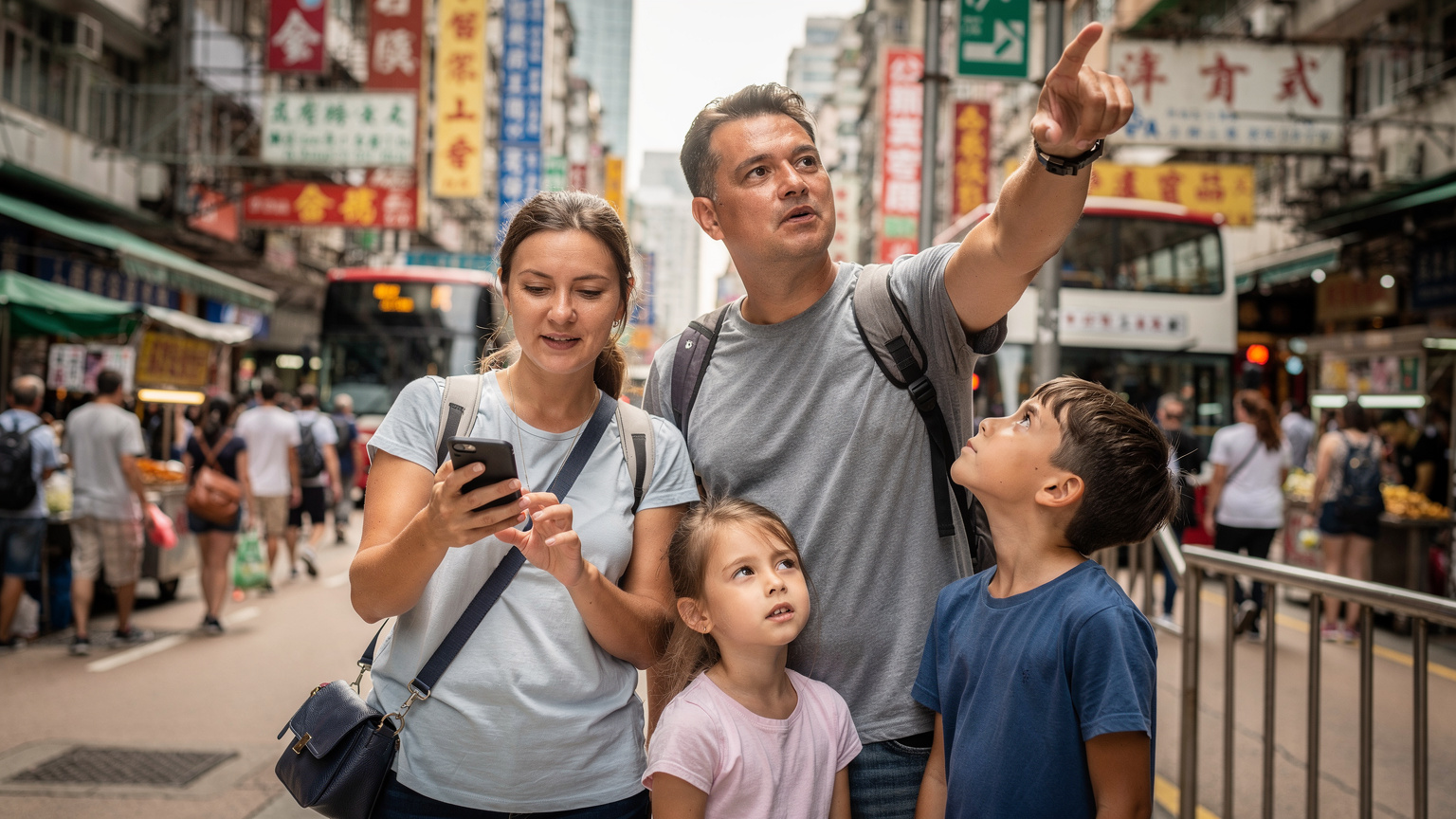 在香港繁忙的街頭，一個家庭正在查看手機上的地圖，尋找前往下一站的路線，孩子們好奇地張望周圍。