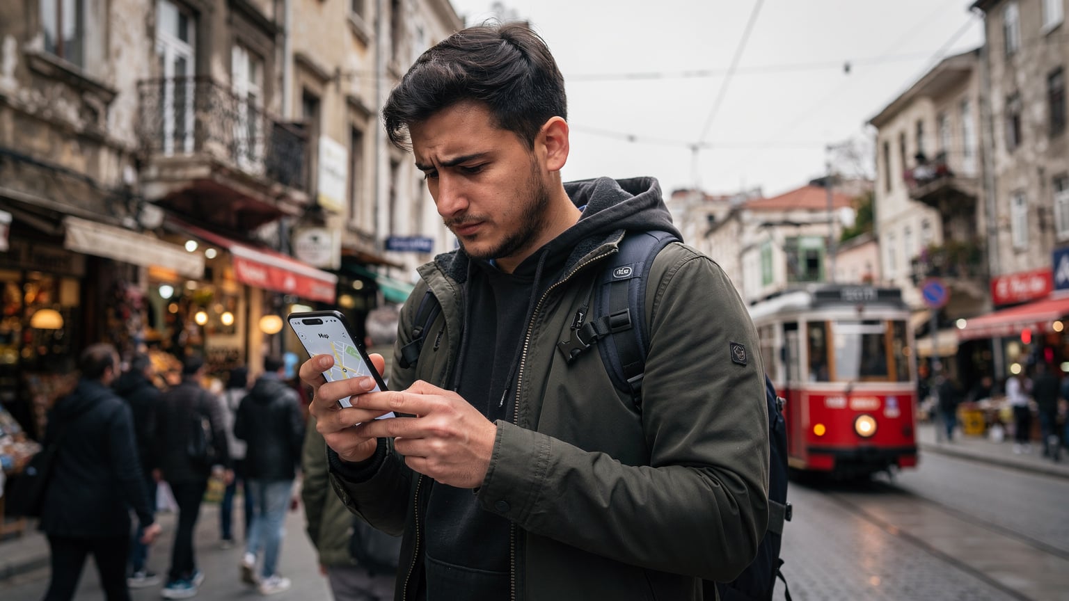İstanbul'un kalabalık caddelerinde yürürken yolunu bulmaya çalışan bir gezginin telefonuyla haritaya bakarken çektiği an.