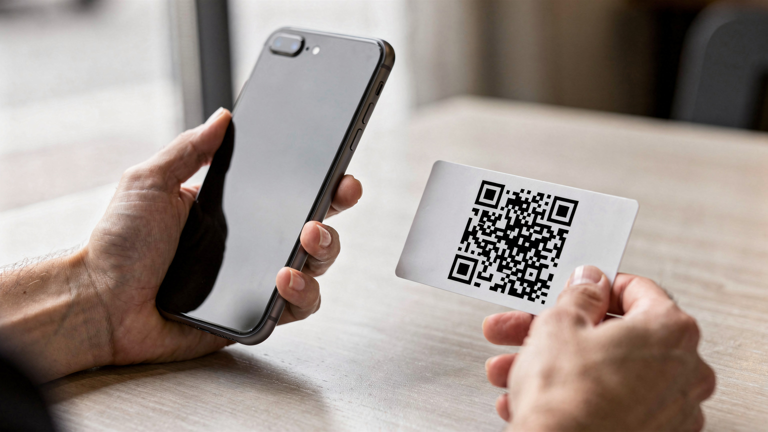 Een close-up van handen die een QR-code scannen met een smartphone, mogelijk voor het activeren van een eSIM.