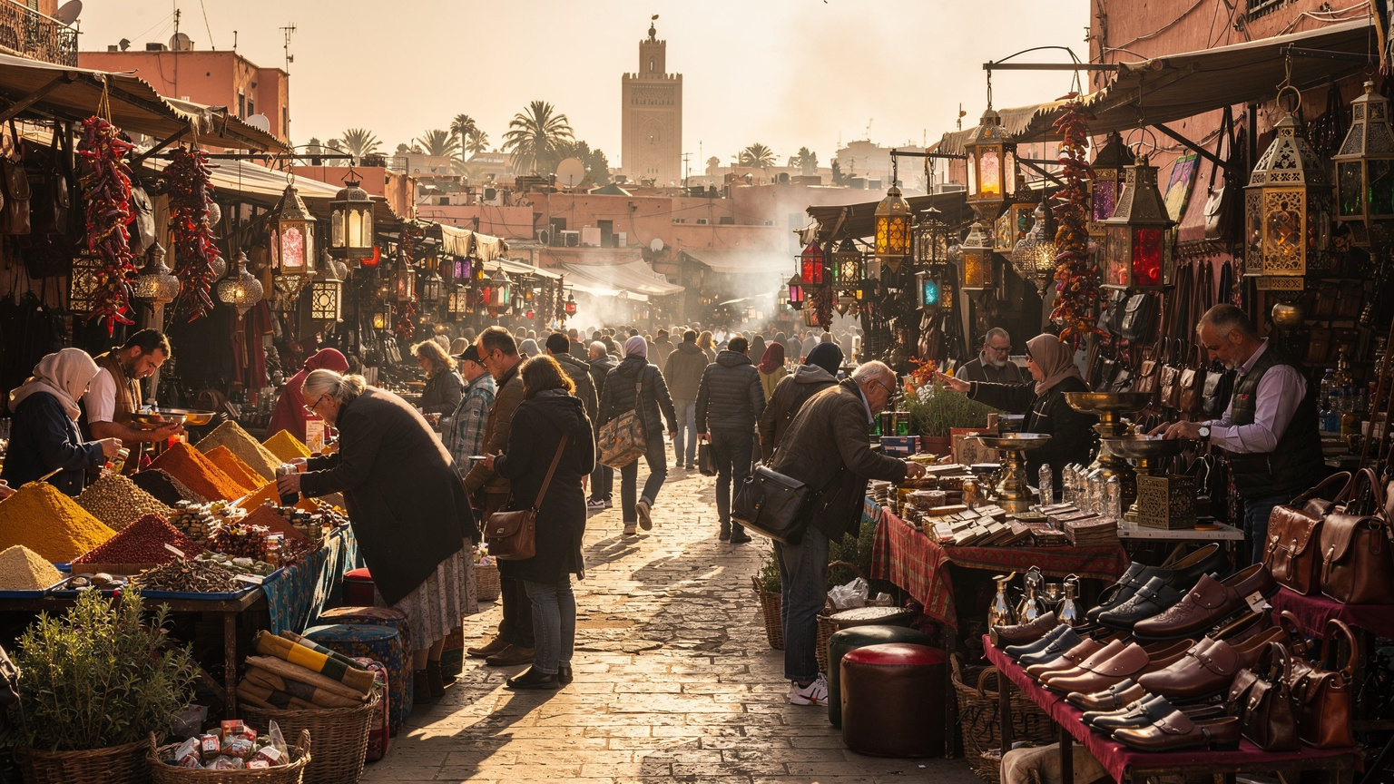 Een bruisende straatmarkt in Marrakesh, Marokko, met kleurrijke kruiden en ambachten, en mensen die rondlopen.