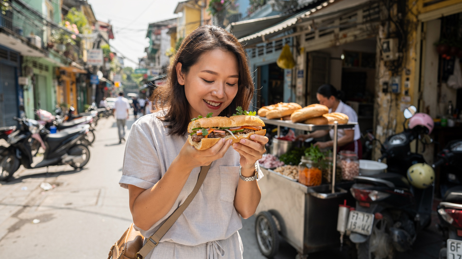 Een toerist geniet van een 'banh mi' broodje van een straatverkoper in de oude wijk van Hanoi, Vietnam.
