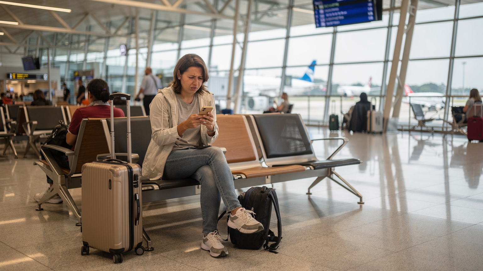 Een reiziger kijkt bezorgd naar haar telefoon terwijl ze op een bankje zit in de vertrekhal van Changi Airport in Singapore, met bagage naast haar.