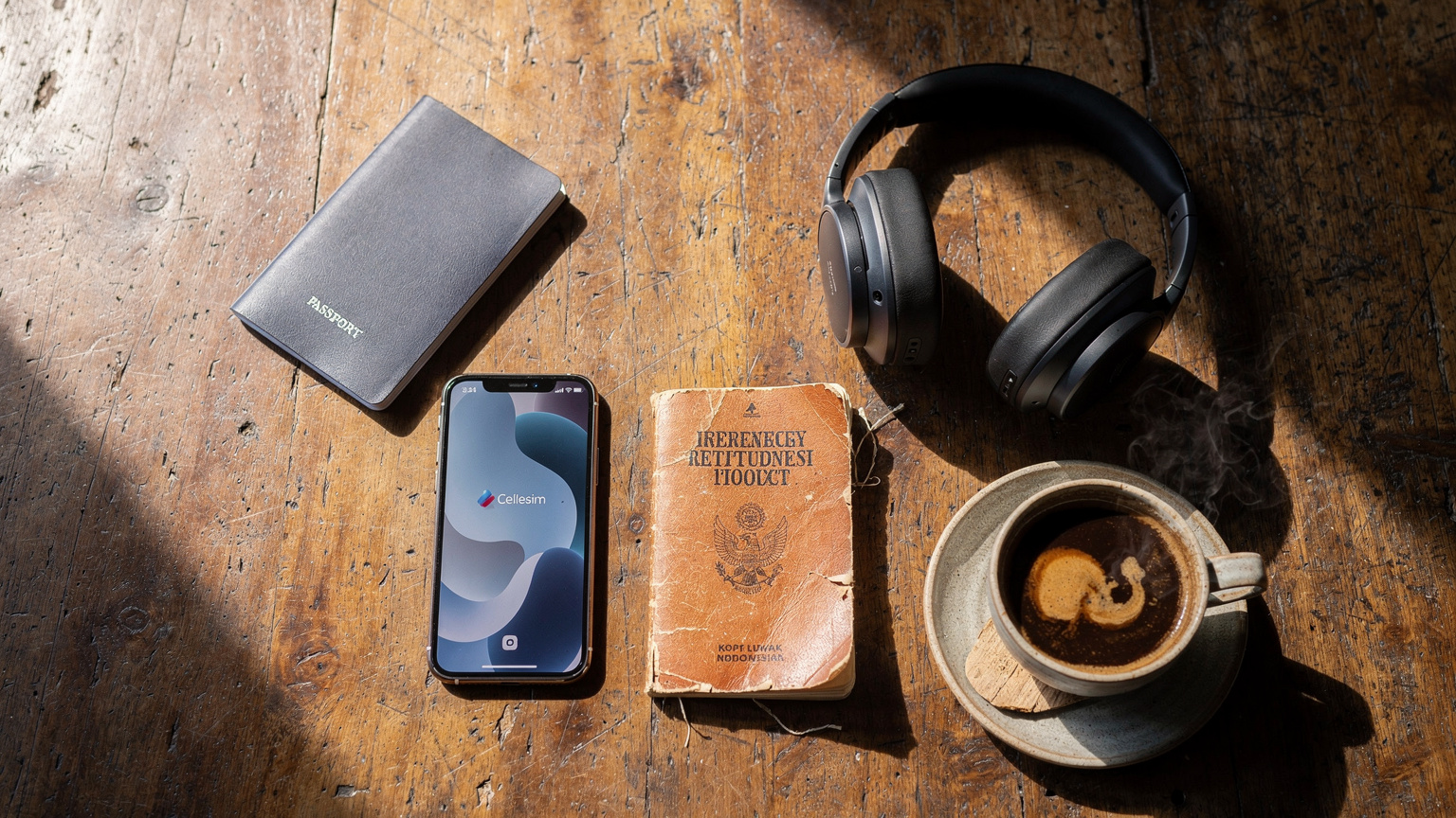An overhead flat-lay of travel essentials: a passport, a smartphone displaying a Cellesim app, headphones, a small Indonesian phrasebook, and a cup of kopi luwak on a wooden table, suggesting readiness for travel.