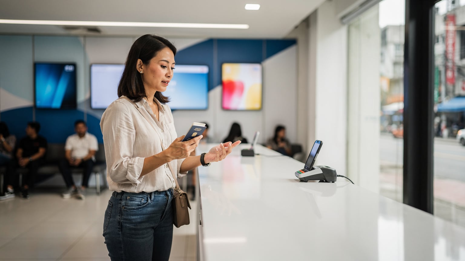 A traveler at a Telkomsel Grapari store in Jakarta, showing her passport and phone to a customer service agent while trying to get an eSIM.