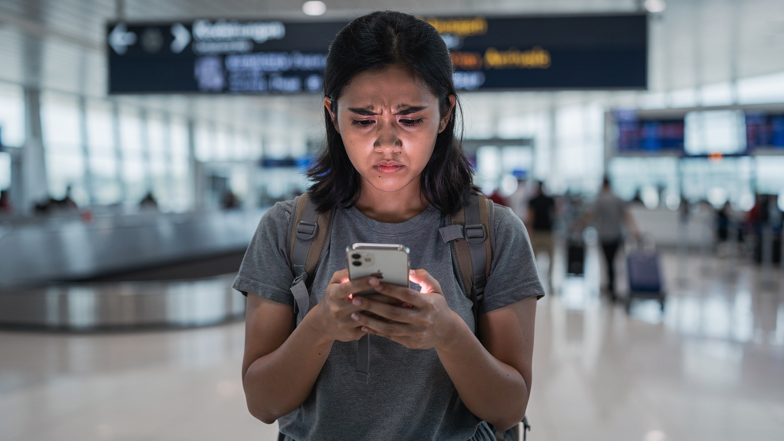 A frustrated traveler looking at her smartphone screen in the arrival hall of an Indonesian airport, indicating a connectivity issue, with luggage and blurred signs in the background.
