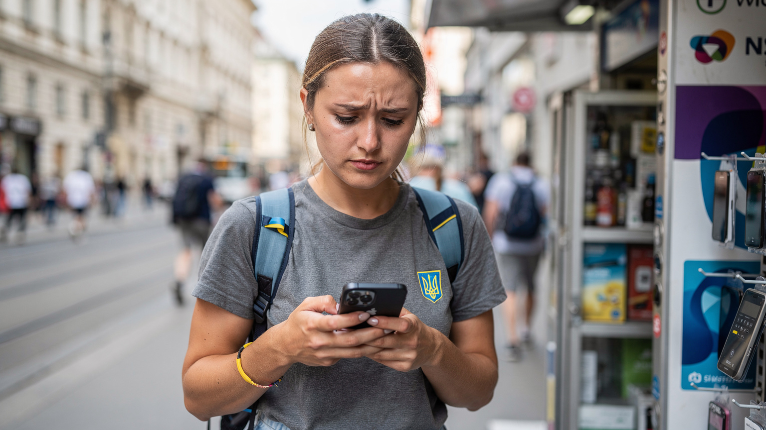 Туристка у Відні перевіряє налаштування телефону біля мобільного кіоску, можливо, зіткнувшись з проблемою зв'язку.