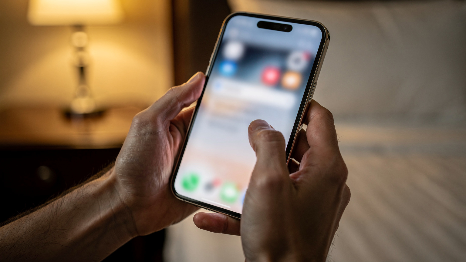 Людина перевіряє налаштування стільникових даних на iPhone 17 Pro Max у затишному готельному номері в Кракові.
