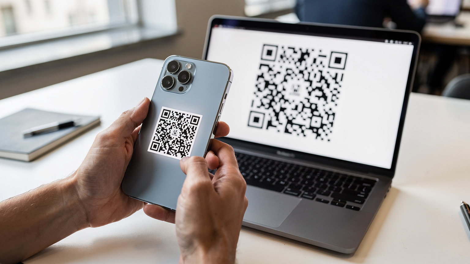 Крупний план рук, що тримають iPhone 17 Pro Max, скануючи QR-код eSIM з екрана ноутбука.