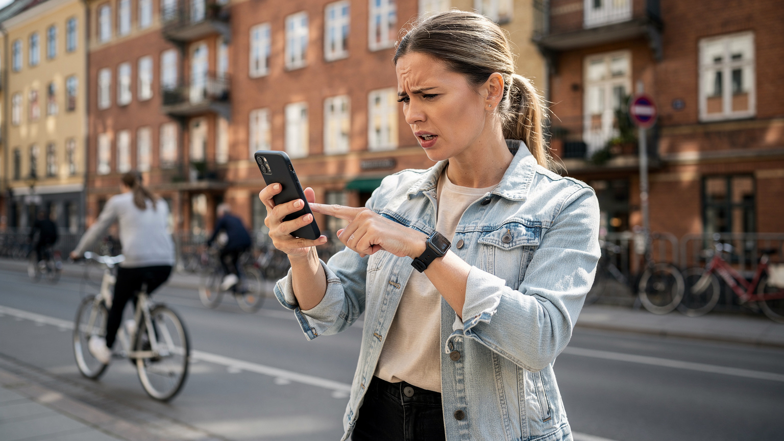 En kvinde med et Apple Watch på håndleddet ser frustreret ud, mens hun holder sin iPhone op og forsøger at fejlfinde en forbindelsesfejl på en travl gade i det indre København.