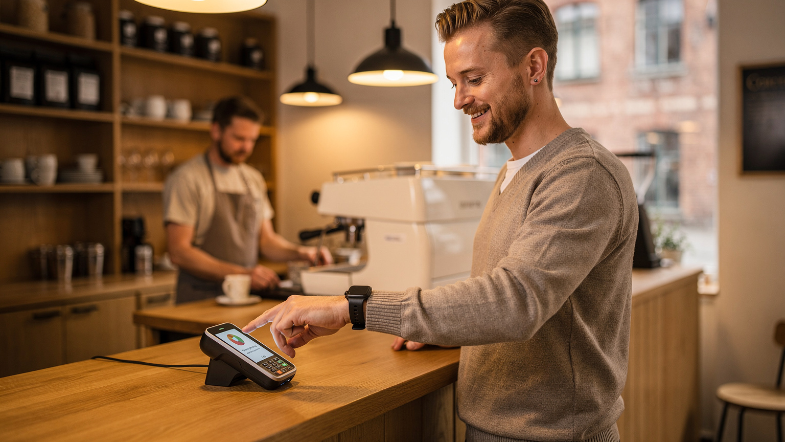 En ung mand med et Apple Watch på håndleddet betaler kontaktløst ved en kaffebar i Latinerkvarteret i Aarhus, med et smilende ansigt og en barista i baggrunden.