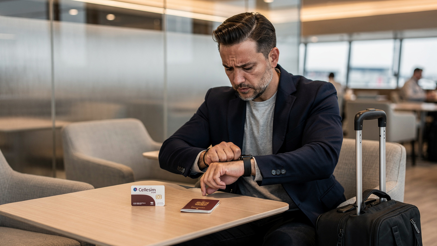 En forretningsmand sidder ved et bord i en lufthavnslounge og ser bekymret på sit Apple Watch, muligvis på grund af mistet forbindelse, med et Cellesim eSIM-kort og pas liggende ved siden af.