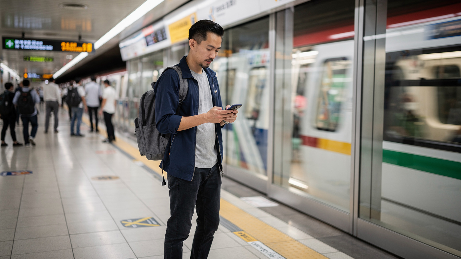 一名身著休閒服的旅客，在香港繁忙的港鐵站台，低頭查看手機上的地圖，周圍是穿梭的人流和列車進站的提示。