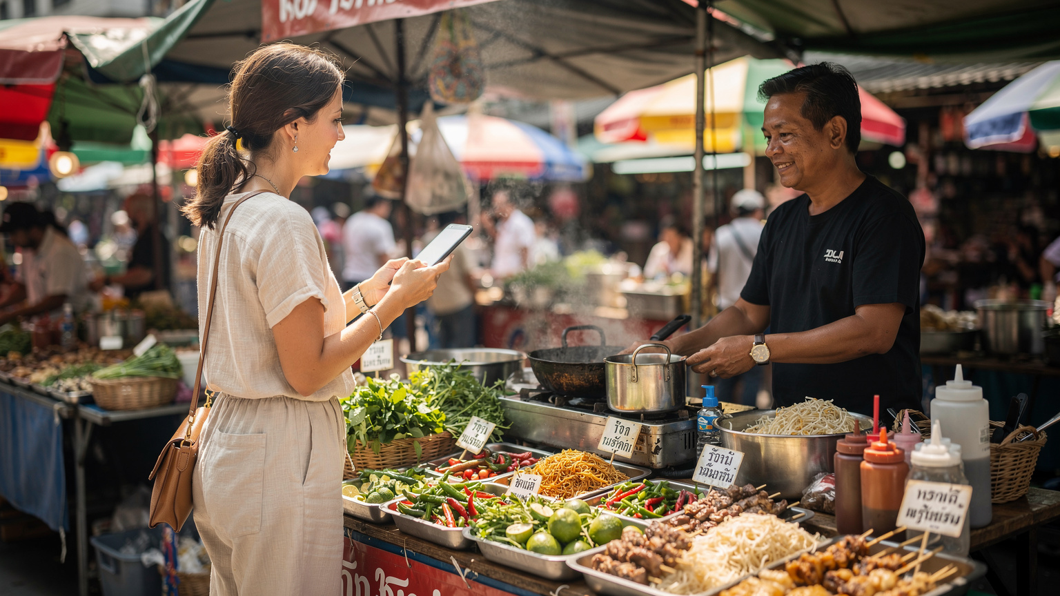 Žena v tradičnej thajskej tržnici v Bangkoku (napríklad Chatuchak Market) nakupuje jedlo, drží telefón a kontroluje si prekladateľskú aplikáciu, zatiaľ čo predavač sa na ňu usmieva.