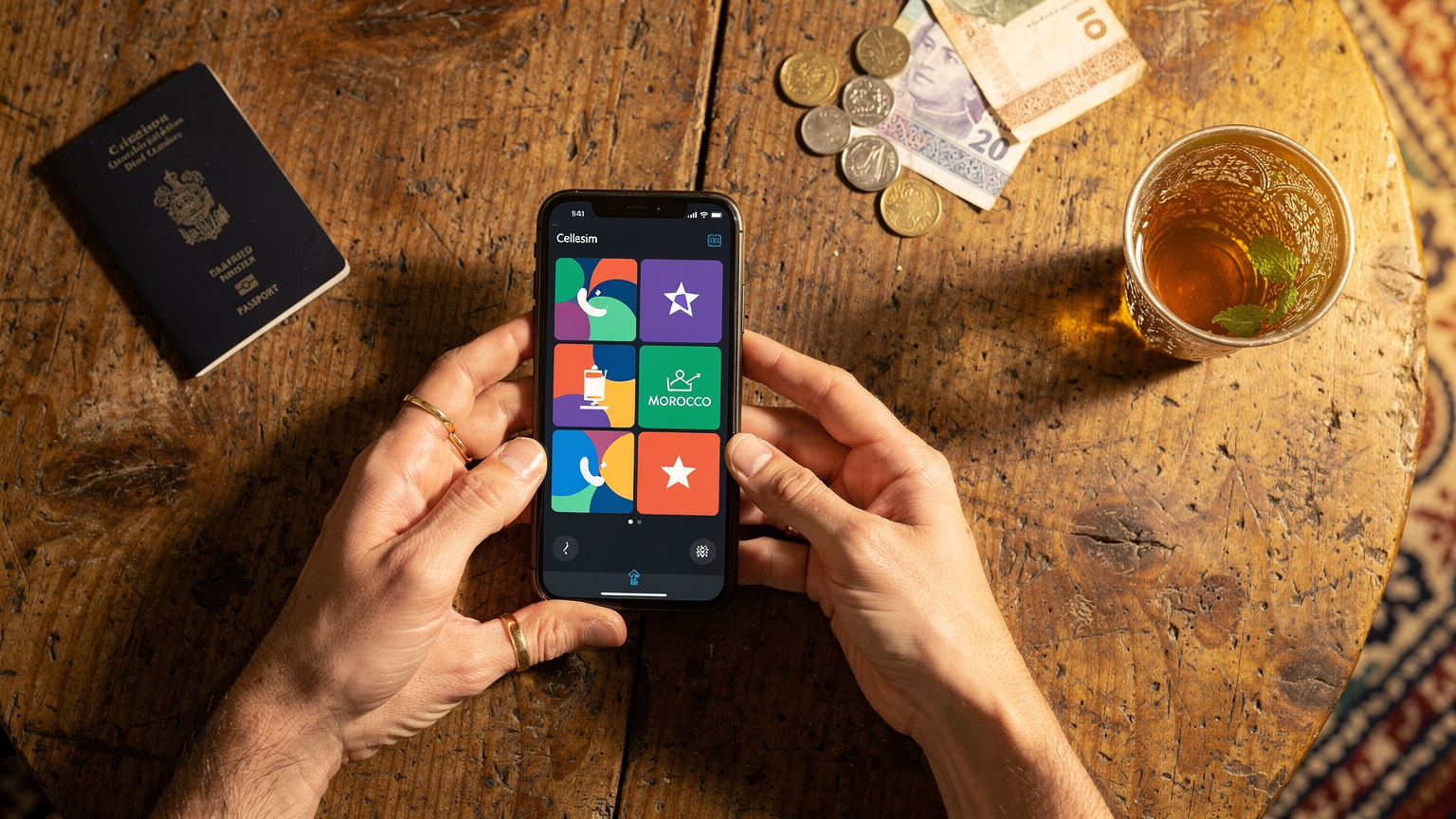Ręce trzymające smartfon, na ekranie którego widać aplikację Cellesim z różnymi pakietami danych dla Maroka, obok paszportu i lokalnej waluty.