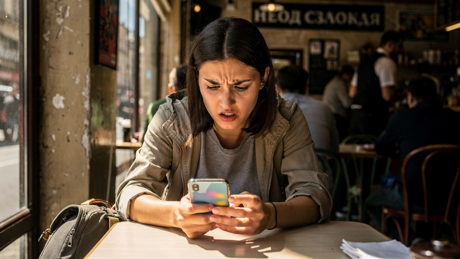 Eine junge Frau sitzt frustriert in einem überfüllten Café in Belgrad, Serbien, und starrt auf ihr Smartphone, das eine Fehlermeldung anzeigt, während sie vergeblich versucht, eine Internetverbindung herzustellen.